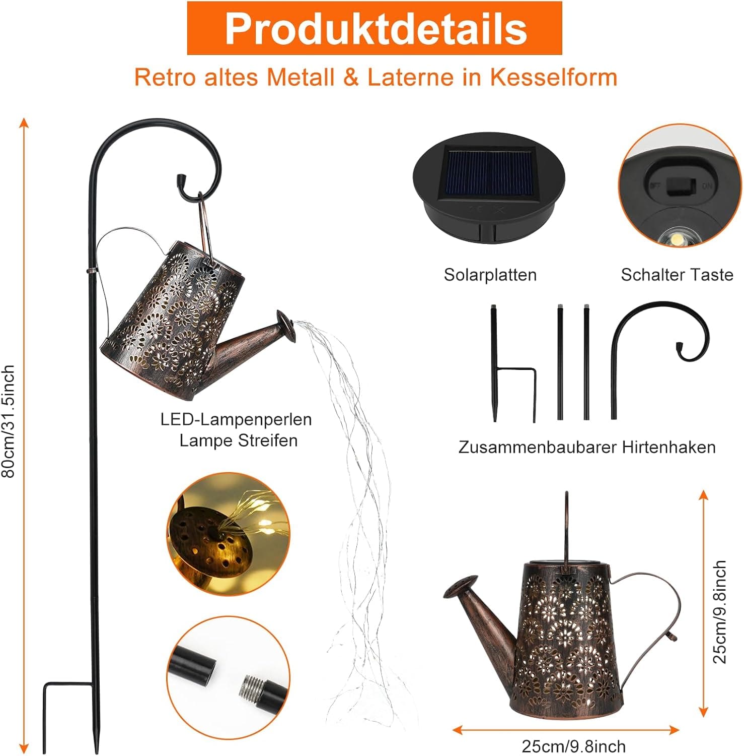OUILA Solar Gießkanne Lichterkette, Solarlaterne für außen mit Schäferhaken, Solarlampen IP65 Wasserdicht, LED Lichterketten für Außen, Gartendeko, Hofweg, Blumenbeet