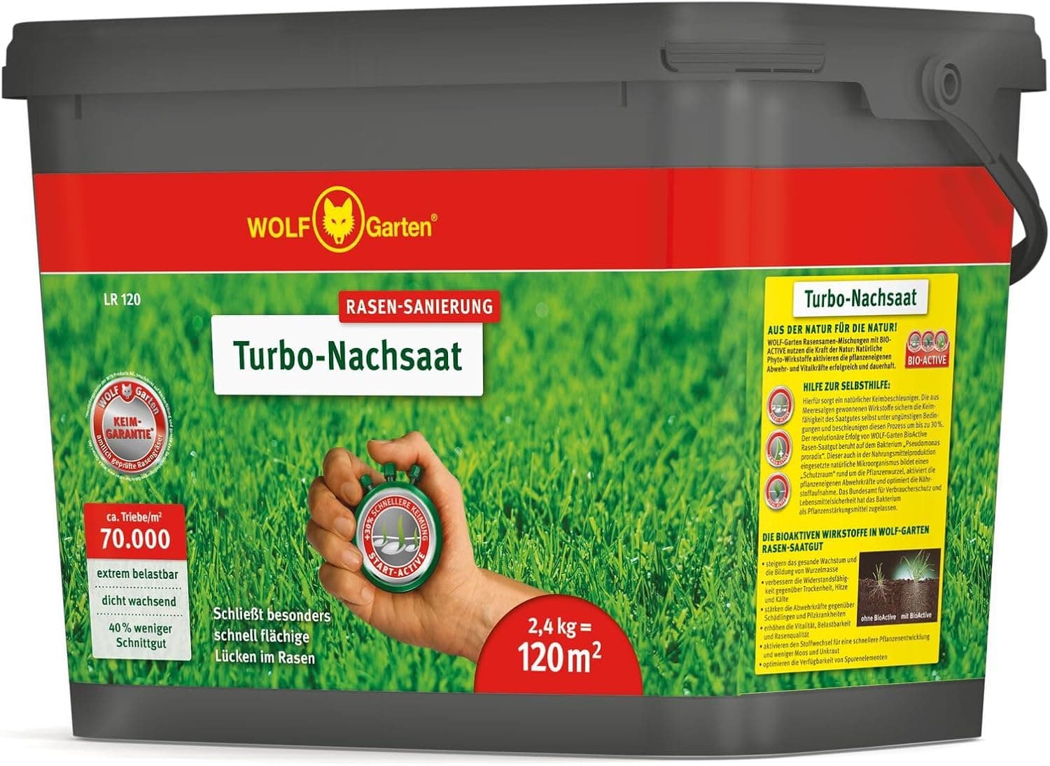 WOLF-Garten Turbo-Nachsaat zur Rasensanierung LR25 (für 25 m², hohe Dichte mit ca. 70.000 Trieben/m², für alle Rasentypen geeignet, mit WOLF-Garten Keimgarantie, 500g in Faltschachtel) 3826020