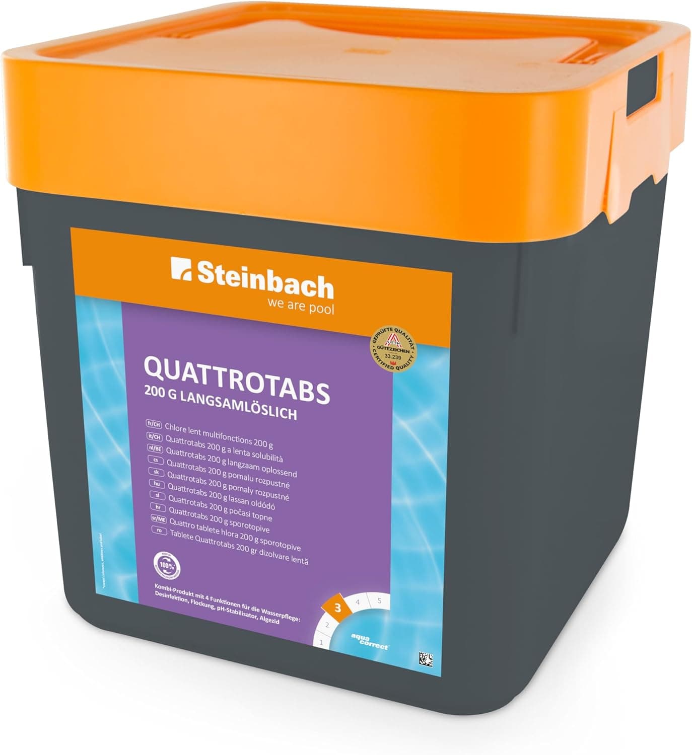 Steinbach Poolpflege Quattrotabs 200 g langsamlöslich - 0752605TV00-5 kg - 4-in-1 Chlortabletten mit Flockungsmittel - pH-Stabilisator &amp; Algenverhütung - Multifunktionstabletten