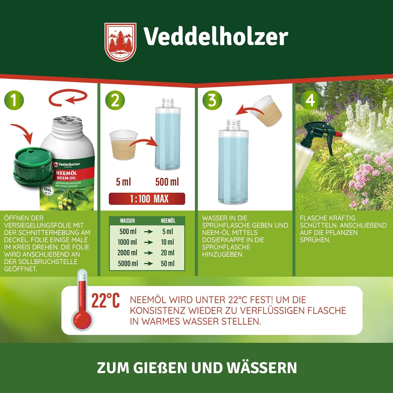Veddelholzer 1000 ml Premium kaltgepresstes 100% natürliches Neemöl Komplett Set mit natürlichem Emulgator + Sprühflasche 500 ml &amp; 2 Messbecher natürliche Pflanzenpflege für drinnen &amp; draußen