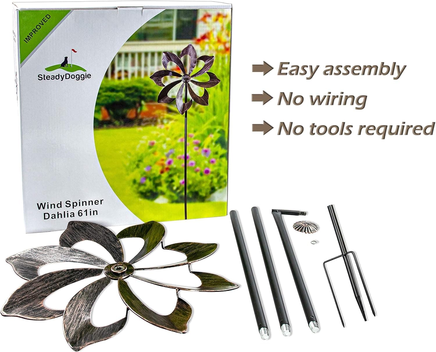 Windrad für draußen - Windspiel aus Metall - Einzelblatt Windrad, Gartendeko für draußen, leicht drehend- ideal für Terrasse und Garten, wetterfestes Gartendeko, standfest - Dahlie 155 cm Kupfer