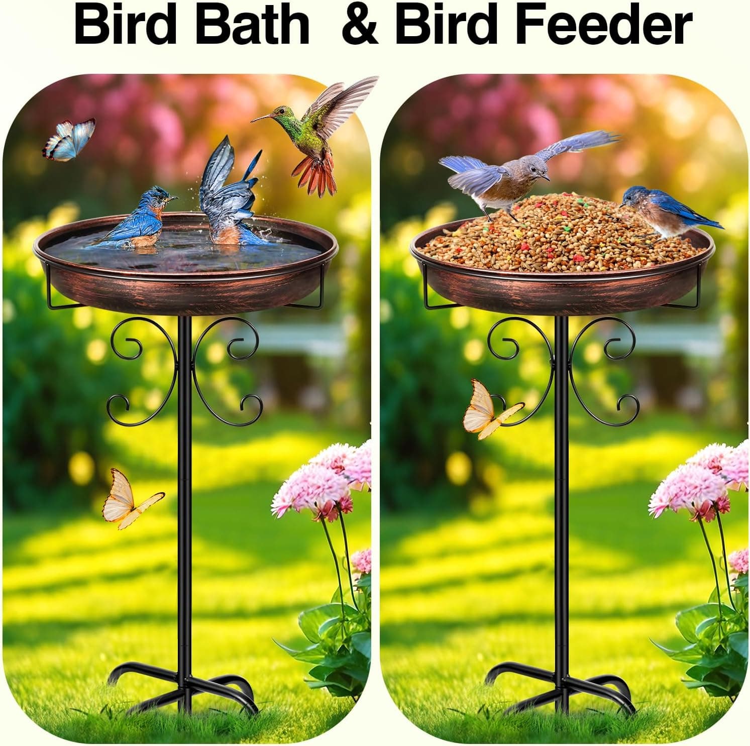 Vogeltränke Stehend,Vogelbad für Draußen Garten,35In Metall Vogelbecken Schüssel Wassertränke für Vögel, Antike Vogeltränke Winterfest Futter Wasserschale (Antike Bronze)