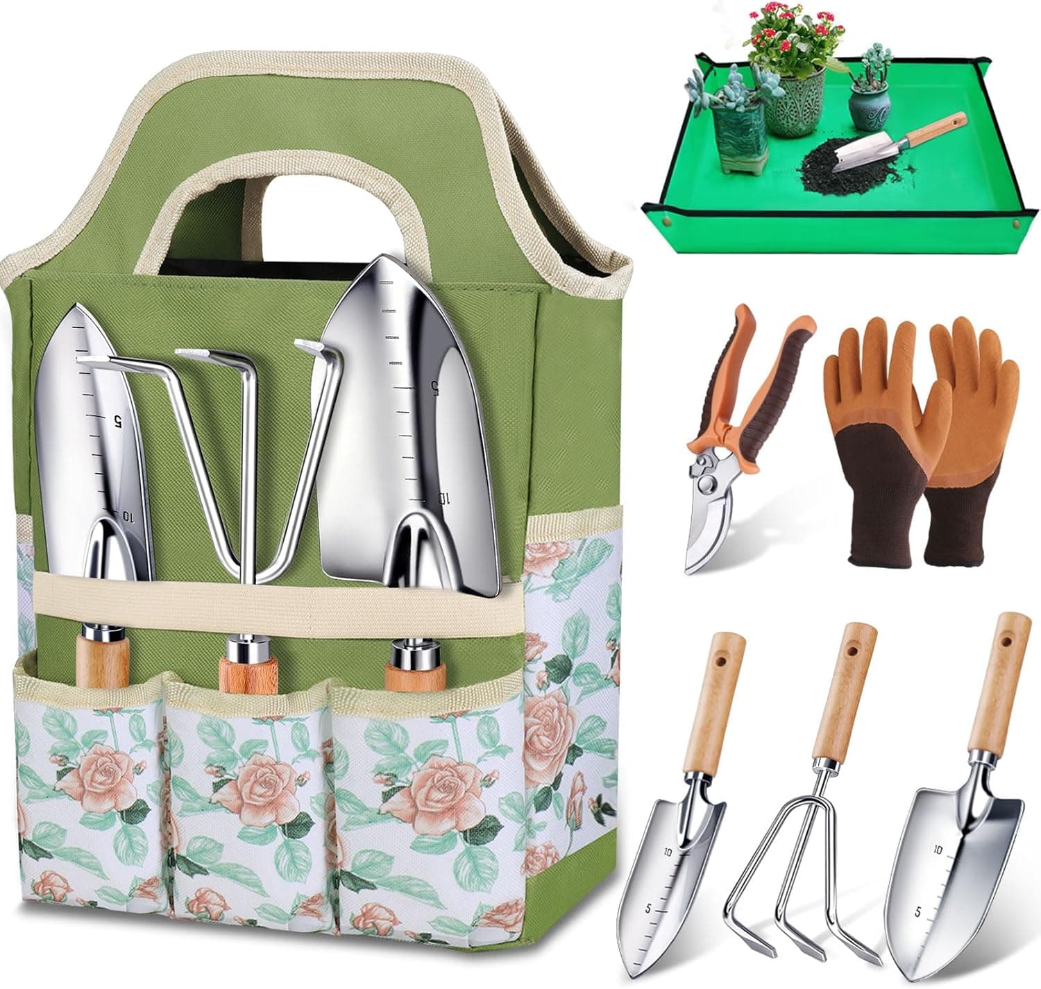 Kynup Gartenwerkzeug Set, 7-teiliges Gartenset aus Edelstahl mit Gartengeräte Tragetasche, Robustes Rostfrei Garten Werkzeug Set, Ideale Garten Geschenk für Frauen, Männer Und Gartenliebhaber