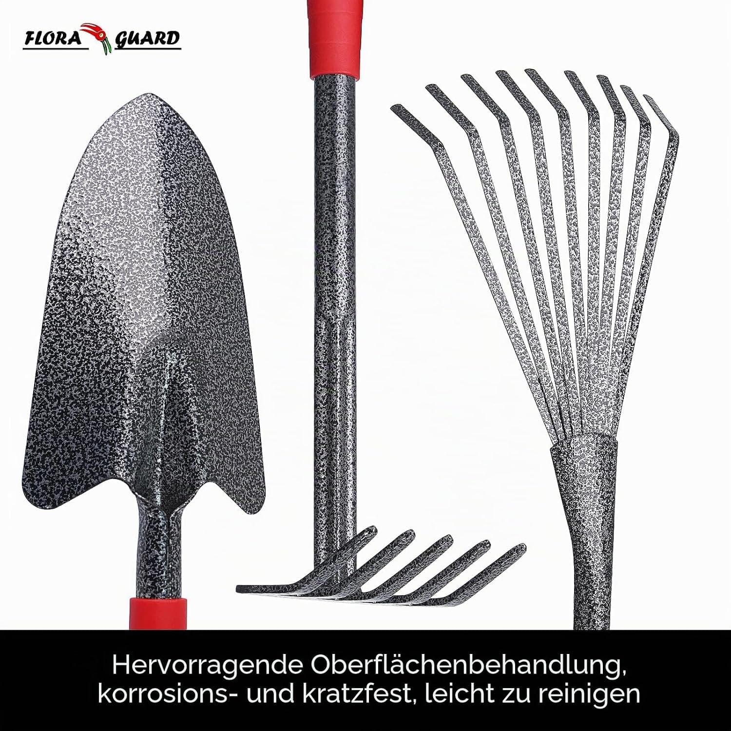 FLORA GUARD 6-teiliges Gartenwerkzeug Set, Gartengeräte Set mit Unkrautstecher, Kelle, Handrechen, Hacke &amp; Kultivator aus Kohlenstoffstahl, Garten Handwerkzeug Set für Pflanzenpflege und Bodenarbeit