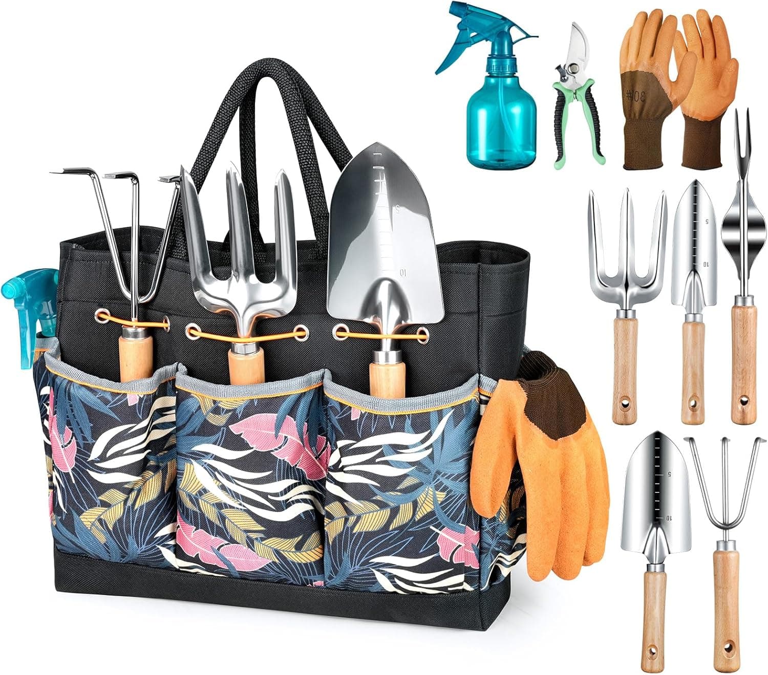 Grenebo Gartenwerkzeug Set,9 Stück Garten Werkzeug mit Gartengeräte Organizer Handtasche, Rostfreies und ergonomisches Gartengeräte Set, Ideale Gartengeschenke für Frauen für Gartenliebhaber geeignet.