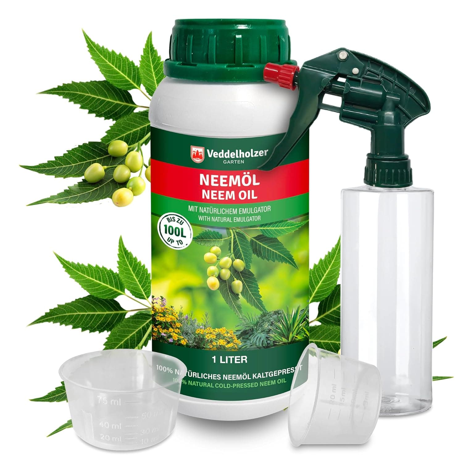 Veddelholzer 1000 ml Premium kaltgepresstes 100% natürliches Neemöl Komplett Set mit natürlichem Emulgator + Sprühflasche 500 ml &amp; 2 Messbecher natürliche Pflanzenpflege für drinnen &amp; draußen