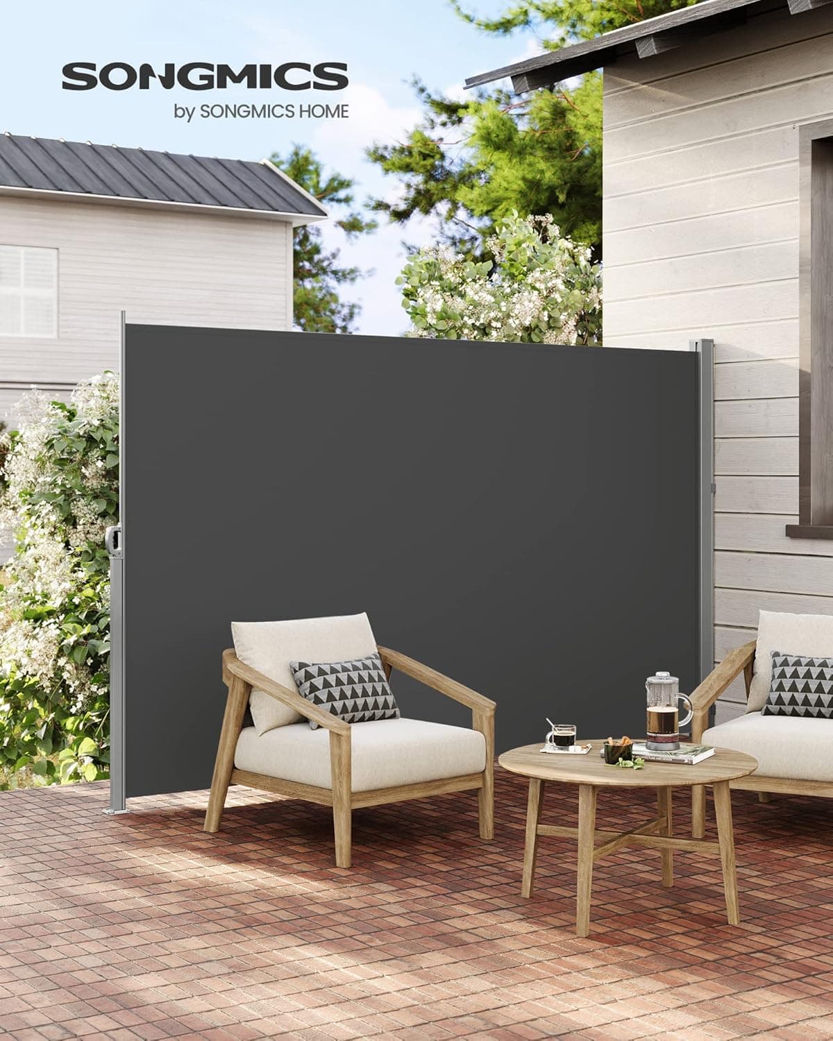 SONGMICS Seitenmarkise mit Stahl-Kasten, rostbeständig, ausziehbar, 180 x 350 cm, Windschutz, Sonnenschutz, blickdicht, Seitenrollo, für Balkon, Terrasse, Garten, anthrazit GSA185G02