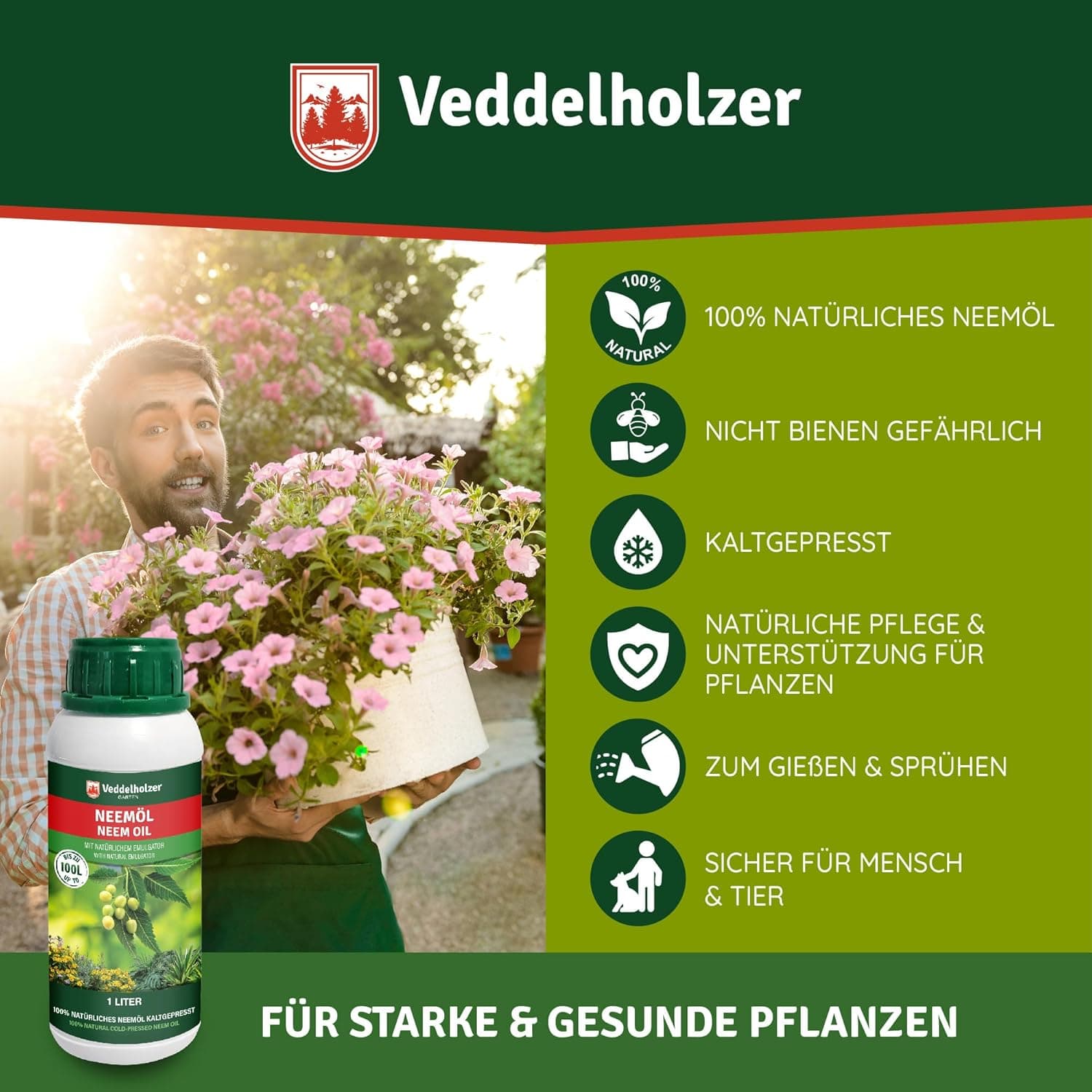 Veddelholzer 1000 ml Premium kaltgepresstes 100% natürliches Neemöl Komplett Set mit natürlichem Emulgator + Sprühflasche 500 ml &amp; 2 Messbecher natürliche Pflanzenpflege für drinnen &amp; draußen