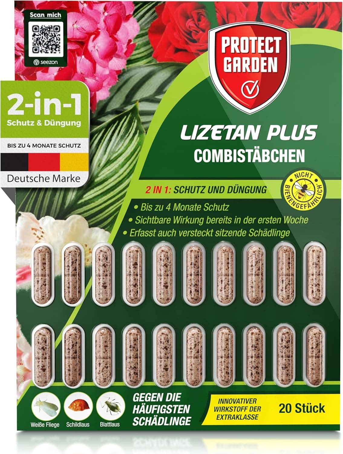 PROTECT GARDEN Lizetan Plus Combistäbchen, Langzeit-Schädlingsfrei und Premium-Dünger in Einem, 20 Stück