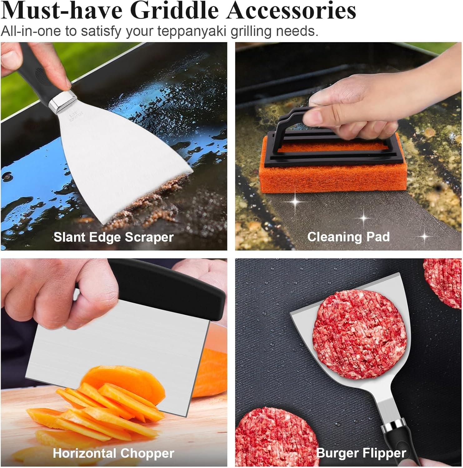 Grilliance 27-TLG Grillspachtel Plancha Zubehör für Männer, Teppanyaki BBQ Grillbesteck Set Edelstahl, Hibachi Smasher Burger Geschenkset mit Pfannenwender, Burgerpresse, Patty-Maker für Blackstone