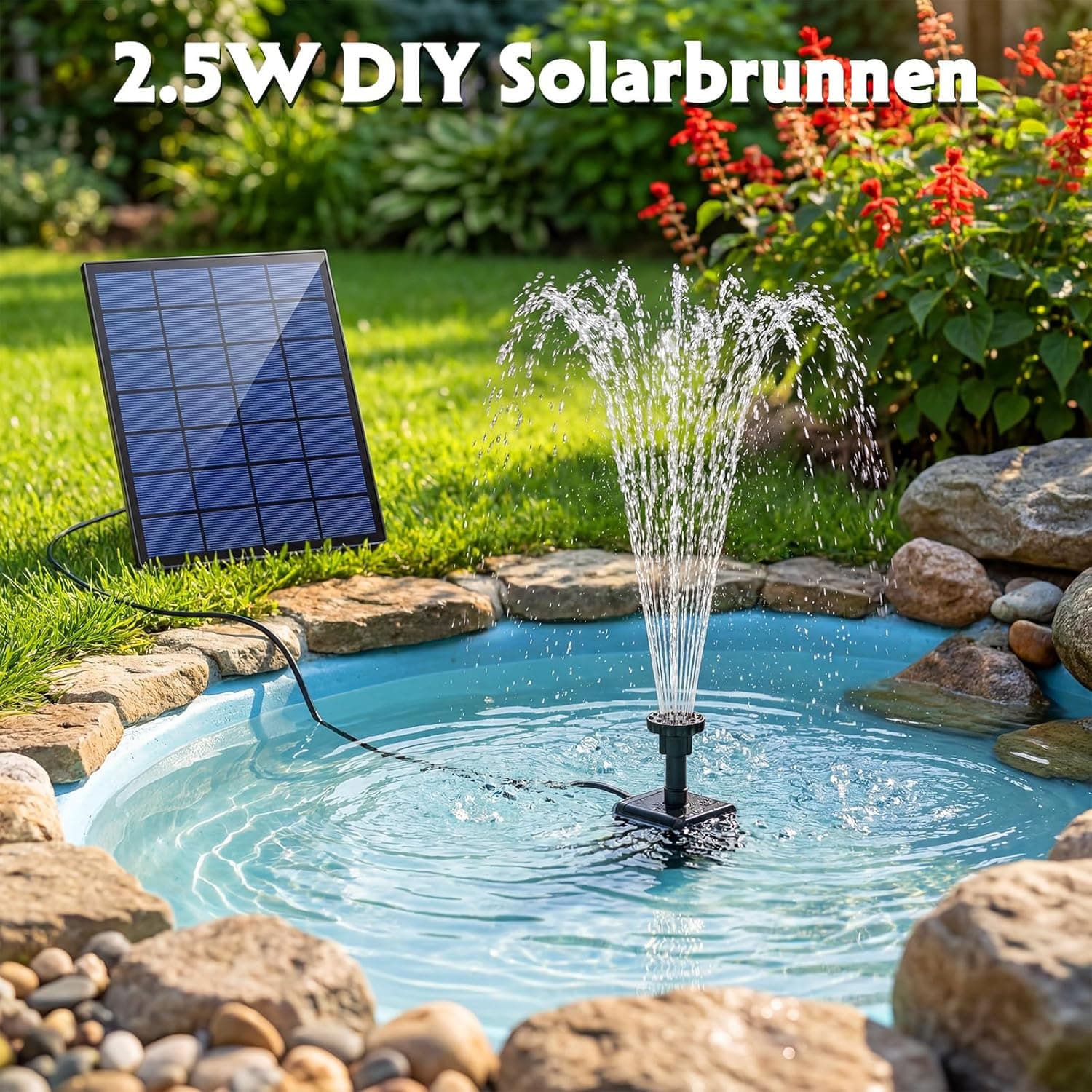 AISITIN Solar Springbrunnen für Außen, 2,5W DIY Solar Teichpumpe mit 1,2M Wasserleitung Solarbrunnen mit 6 Fontänenstile Solar schwimmender Fontäne Pumpe für Gartenteich, Vogel-Bad, Fisch-Behälter