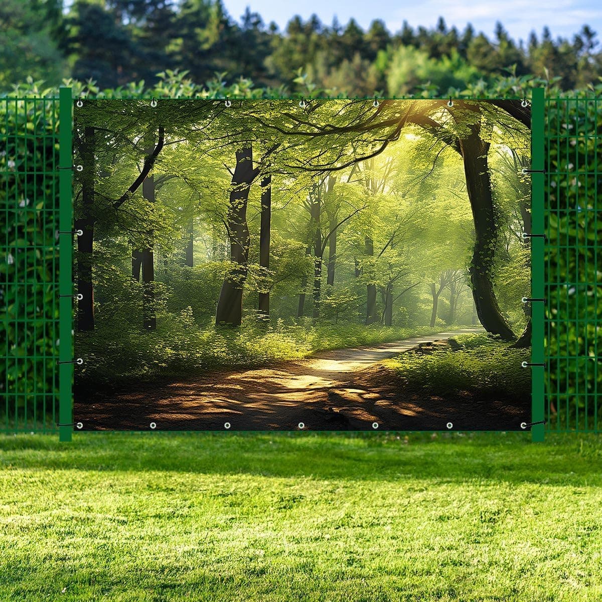 TRIOSK Sichtschutz Garten Deko Zaun Plane Blickdicht groß mit Zaunblende Motiv Waldpfad Wald Sonnenweg für Zaunelement Doppelstabmatten Stabmattenzaun Gartenzaun PVC 250x180 cm