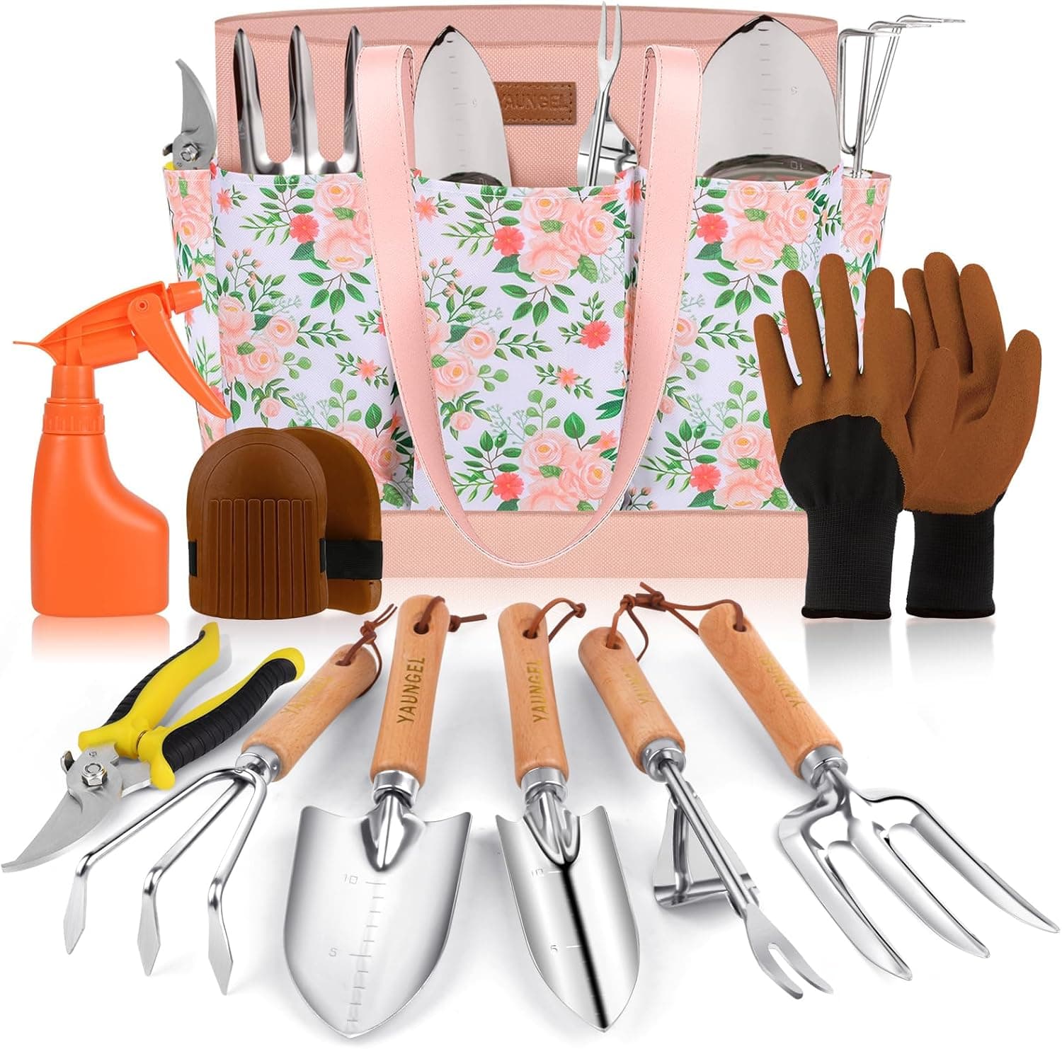 YAUNGEL Gartenwerkzeug Set, 10 Stück Schwerlast Edelstahl Gartenarbeit Kit mit Non-Slip Holzgriff- Garten Geschenke Verpackung für Frauen Männer, Grün