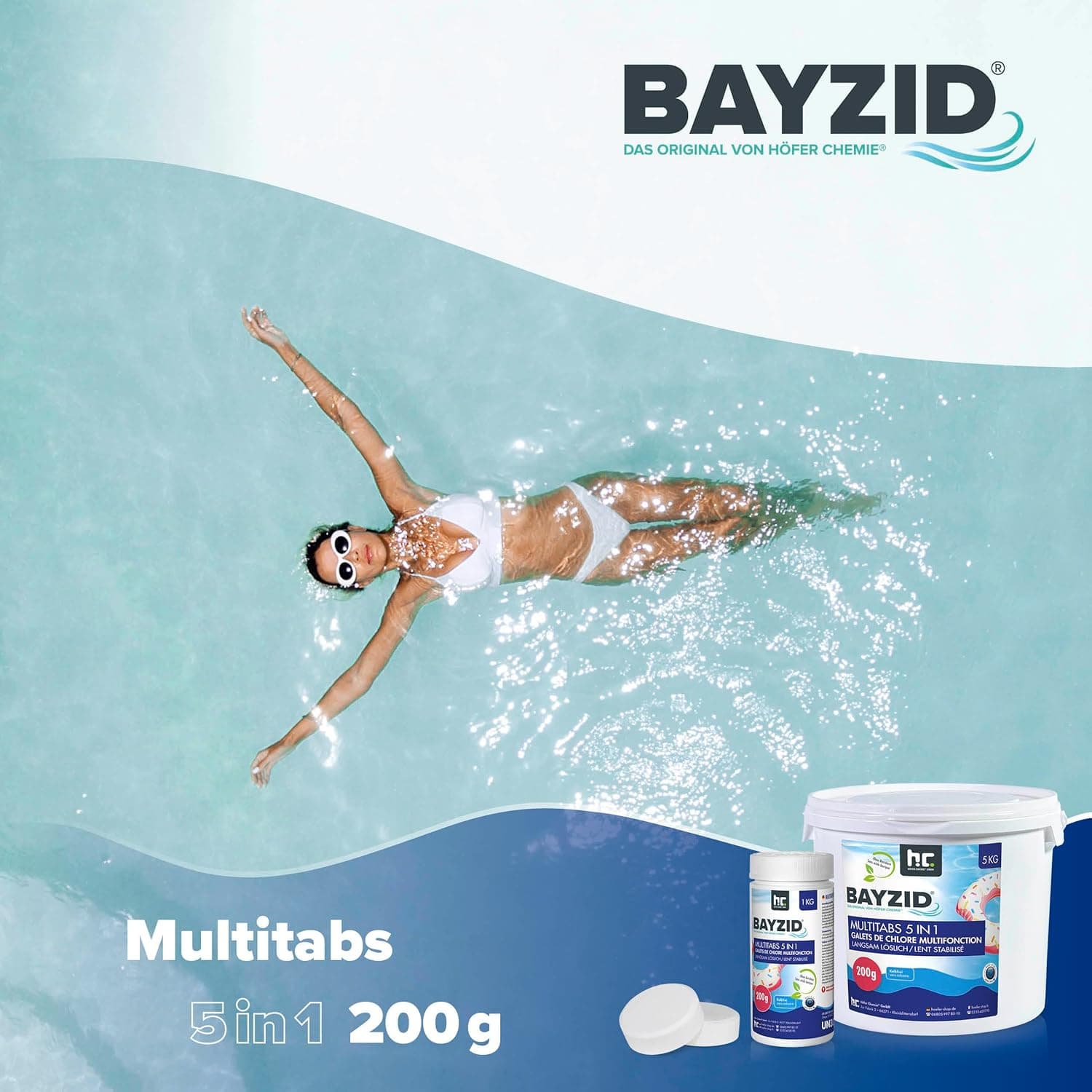BAYZID Chlor Multitabs 5 in 1-200g Chlortabletten für Pool - 5kg - 5-Phasen Pflege &amp; Reinigung - Made in Europe - Für kristallklares Poolwasser