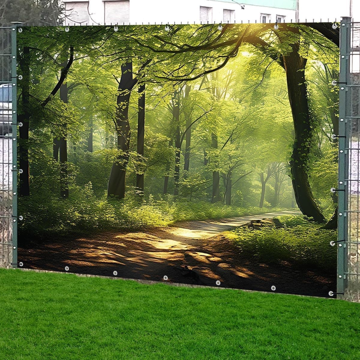 TRIOSK Sichtschutz Garten Deko Zaun Plane Blickdicht groß mit Zaunblende Motiv Waldpfad Wald Sonnenweg für Zaunelement Doppelstabmatten Stabmattenzaun Gartenzaun PVC 250x180 cm