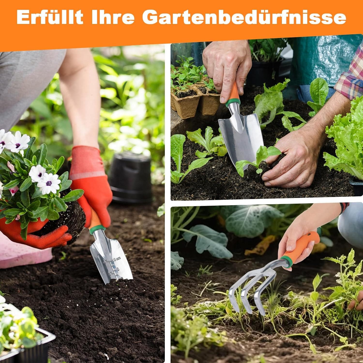 Gartenwerkzeug Set, 3-teiliges Gartengeräte Set – Ergonomische Handschaufel, robuste Handharke und Schaufeln, Gartenzubehör für Pflanzen, Blumen &amp; Gartenarbeit, ideales Gartenwerkzeug für Gärtner