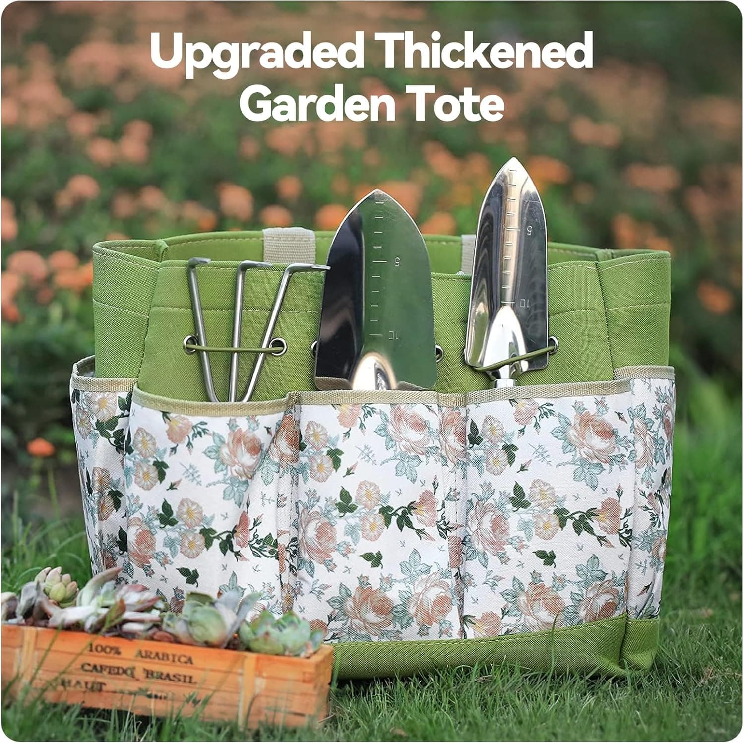 Grenebo Gartenwerkzeug Set,9 Stück Garten Werkzeug mit Gartengeräte Organizer Handtasche, Rostfreies und ergonomisches Gartengeräte Set, Ideale Gartengeschenke für Frauen für Gartenliebhaber geeignet.