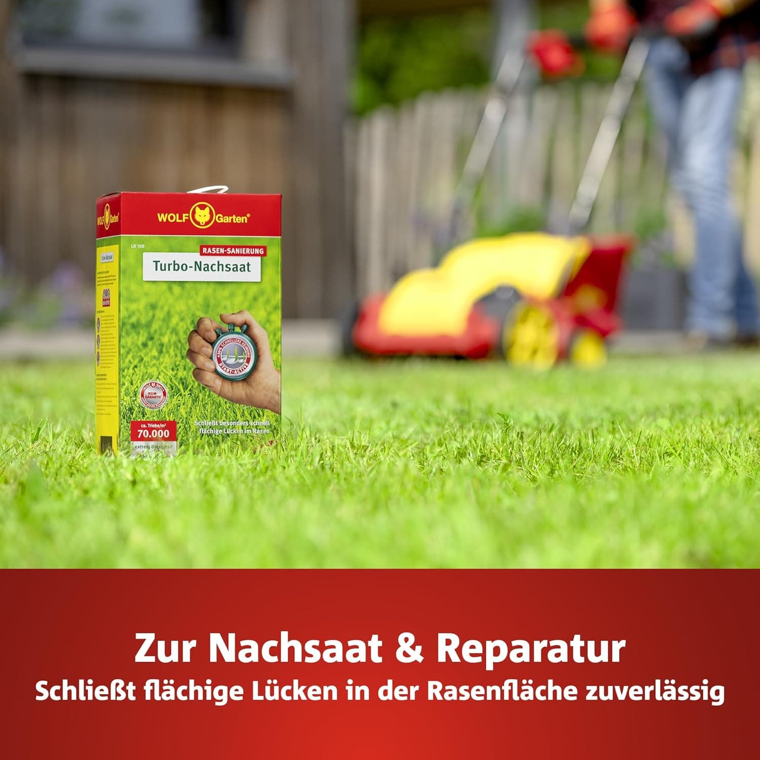 WOLF-Garten Turbo-Nachsaat zur Rasensanierung LR25 (für 25 m², hohe Dichte mit ca. 70.000 Trieben/m², für alle Rasentypen geeignet, mit WOLF-Garten Keimgarantie, 500g in Faltschachtel) 3826020