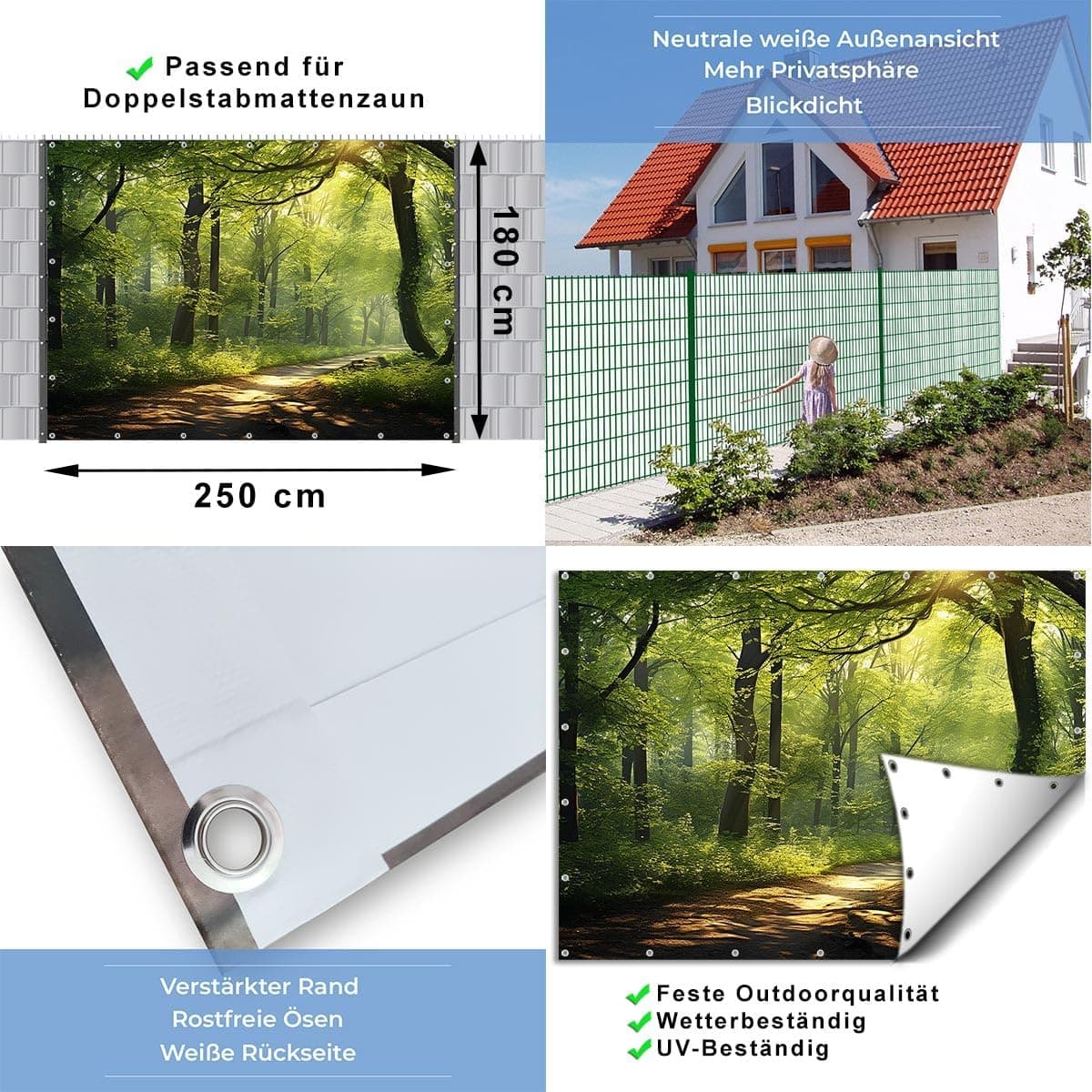TRIOSK Sichtschutz Garten Deko Zaun Plane Blickdicht groß mit Zaunblende Motiv Waldpfad Wald Sonnenweg für Zaunelement Doppelstabmatten Stabmattenzaun Gartenzaun PVC 250x180 cm