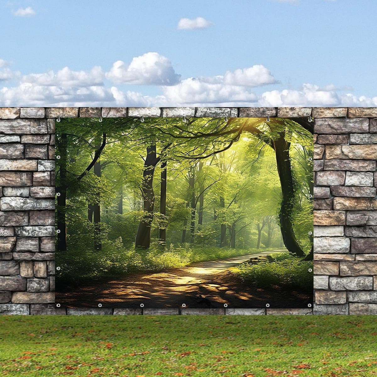 TRIOSK Sichtschutz Garten Deko Zaun Plane Blickdicht groß mit Zaunblende Motiv Waldpfad Wald Sonnenweg für Zaunelement Doppelstabmatten Stabmattenzaun Gartenzaun PVC 250x180 cm