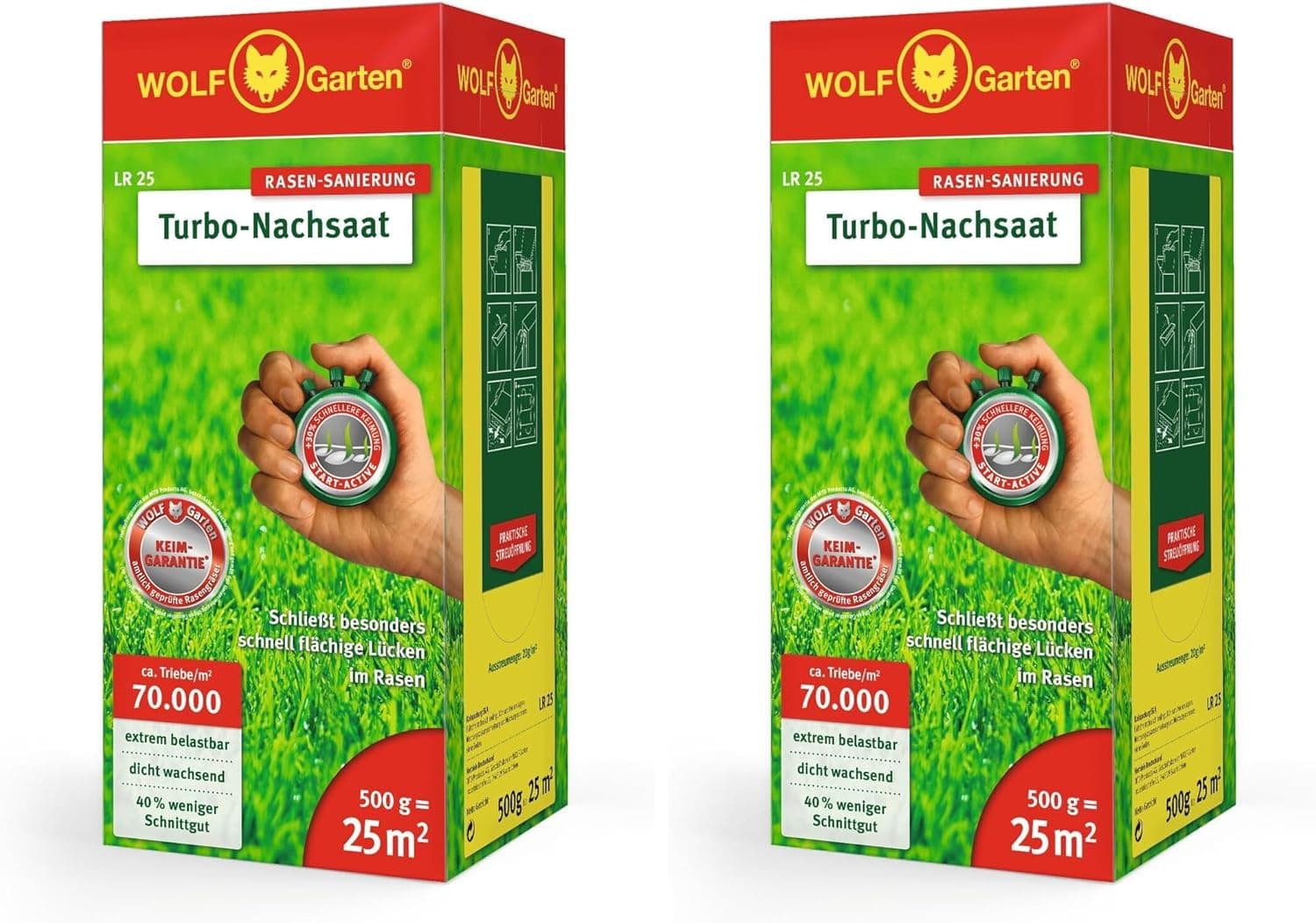 WOLF-Garten Turbo-Nachsaat zur Rasensanierung LR25 (für 25 m², hohe Dichte mit ca. 70.000 Trieben/m², für alle Rasentypen geeignet, mit WOLF-Garten Keimgarantie, 500g in Faltschachtel) 3826020