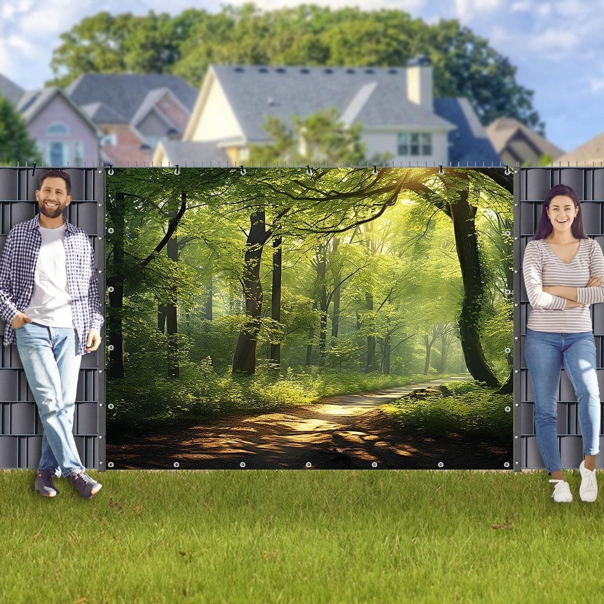 TRIOSK Sichtschutz Garten Deko Zaun Plane Blickdicht groß mit Zaunblende Motiv Waldpfad Wald Sonnenweg für Zaunelement Doppelstabmatten Stabmattenzaun Gartenzaun PVC 250x180 cm