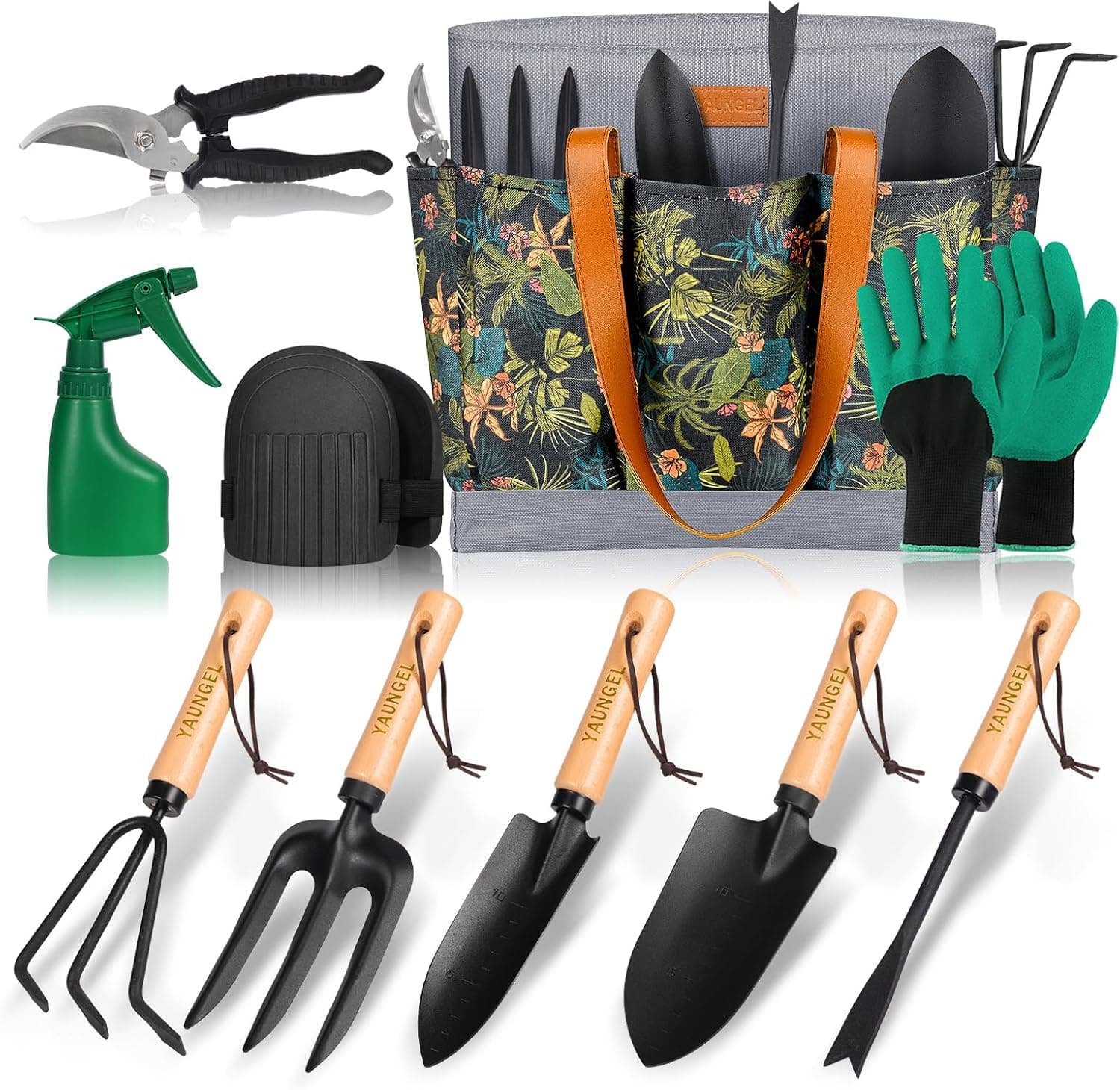 YAUNGEL Gartenwerkzeug Set, 10 Stück Schwerlast Edelstahl Gartenarbeit Kit mit Non-Slip Holzgriff- Garten Geschenke Verpackung für Frauen Männer, Grün