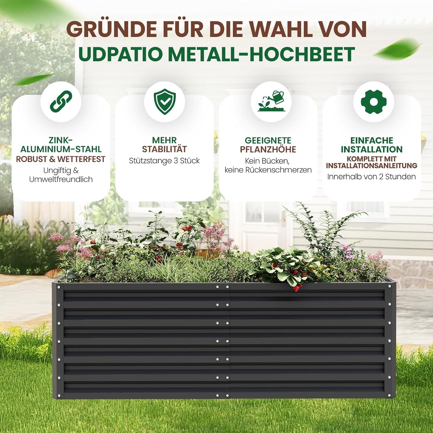 UDPATIO Hochbeet aus Metall,180x60x90 cm, Zink-Aluminium Freistehendes Hochbeete für Garten und Balkon, 970 L Pflanzkasten für Garten, zum Anbau von Gemüse, Blumen und Obst, Grauschwarz
