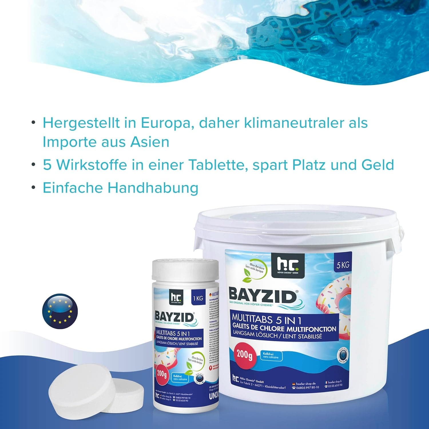 BAYZID Chlor Multitabs 5 in 1-200g Chlortabletten für Pool - 5kg - 5-Phasen Pflege &amp; Reinigung - Made in Europe - Für kristallklares Poolwasser