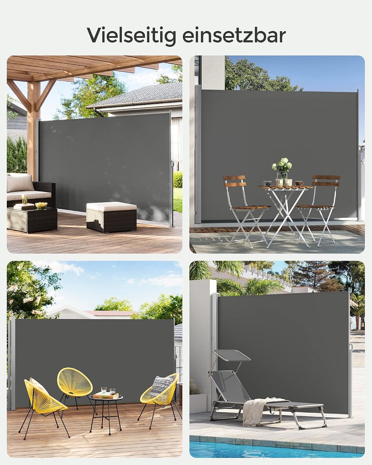 SONGMICS Seitenmarkise mit Stahl-Kasten, rostbeständig, ausziehbar, 180 x 350 cm, Windschutz, Sonnenschutz, blickdicht, Seitenrollo, für Balkon, Terrasse, Garten, anthrazit GSA185G02