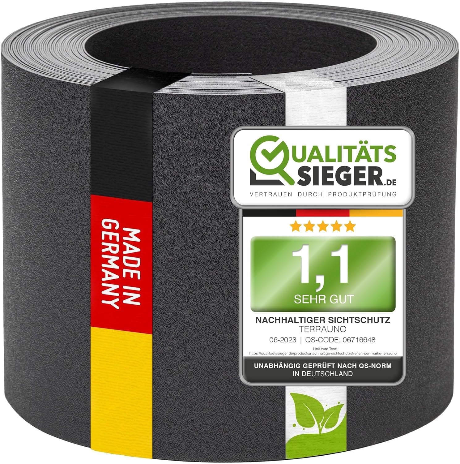 TerraUno Nachhaltige Sichtschutzstreifen für Doppelstabmatten, Polypropylen, Made in Germany, RAL 7016 Anthrazit, 26m x19cm Rolle, extra stabil, Lederoptik, Zaun Sichtschutz mit UV-Beständigkeit