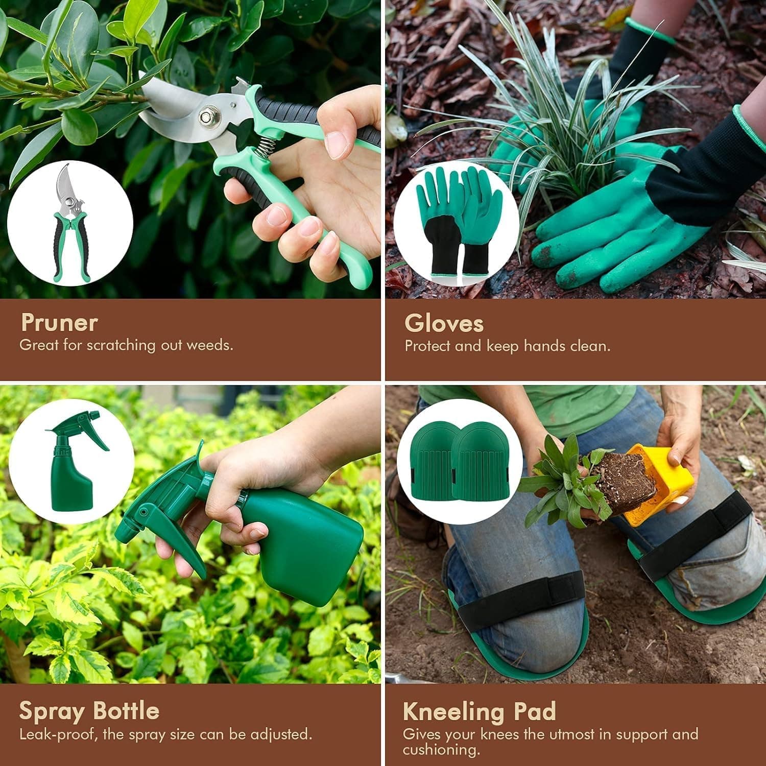 YAUNGEL Gartenwerkzeug Set, 10 Stück Schwerlast Edelstahl Gartenarbeit Kit mit Non-Slip Holzgriff- Garten Geschenke Verpackung für Frauen Männer, Grün