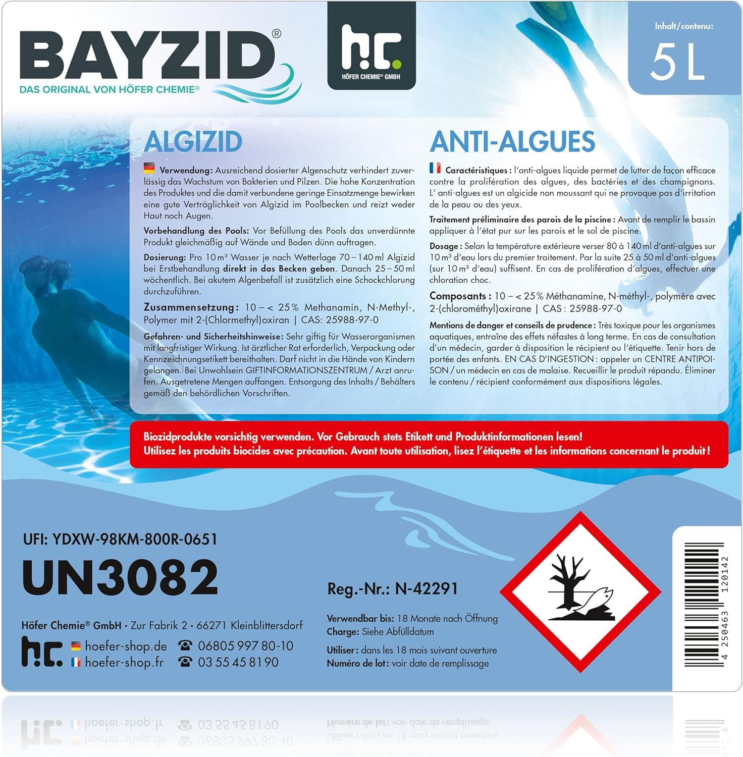 Höfer Chemie Algizid Algenverhütung 5L - Algenvernichter Pool - Präventiver Schutz vor Algen, Bakterien &amp; Pilzen - Für Sauberes Wasser