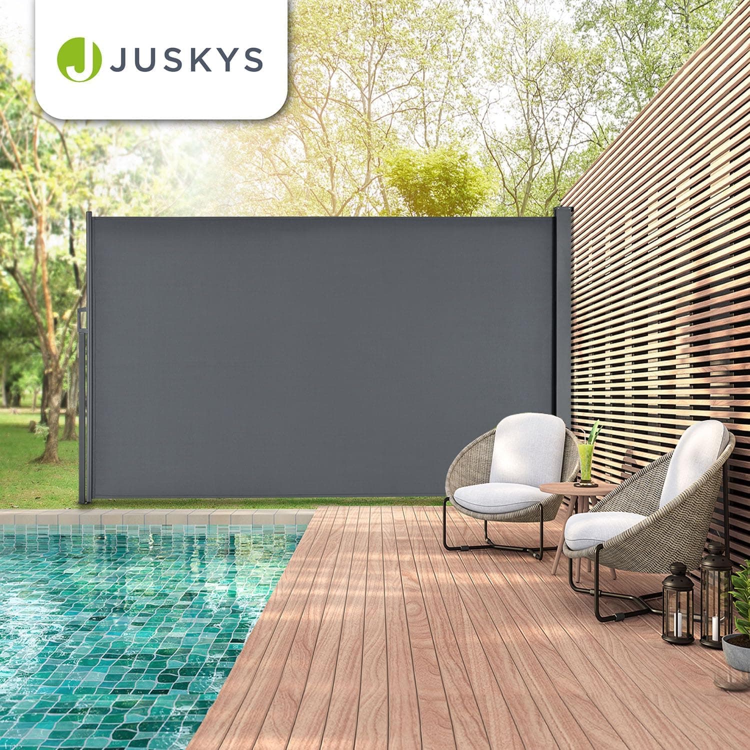 Juskys® Seitenmarkise Dubai 180 x 300 cm ausziehbar Blickdicht, Sichtschutz für Balkon &amp; Terrasse, Seitenrollo mit Wandhalterung - grau