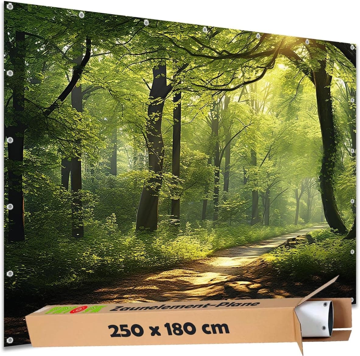 TRIOSK Sichtschutz Garten Deko Zaun Plane Blickdicht groß mit Zaunblende Motiv Waldpfad Wald Sonnenweg für Zaunelement Doppelstabmatten Stabmattenzaun Gartenzaun PVC 250x180 cm