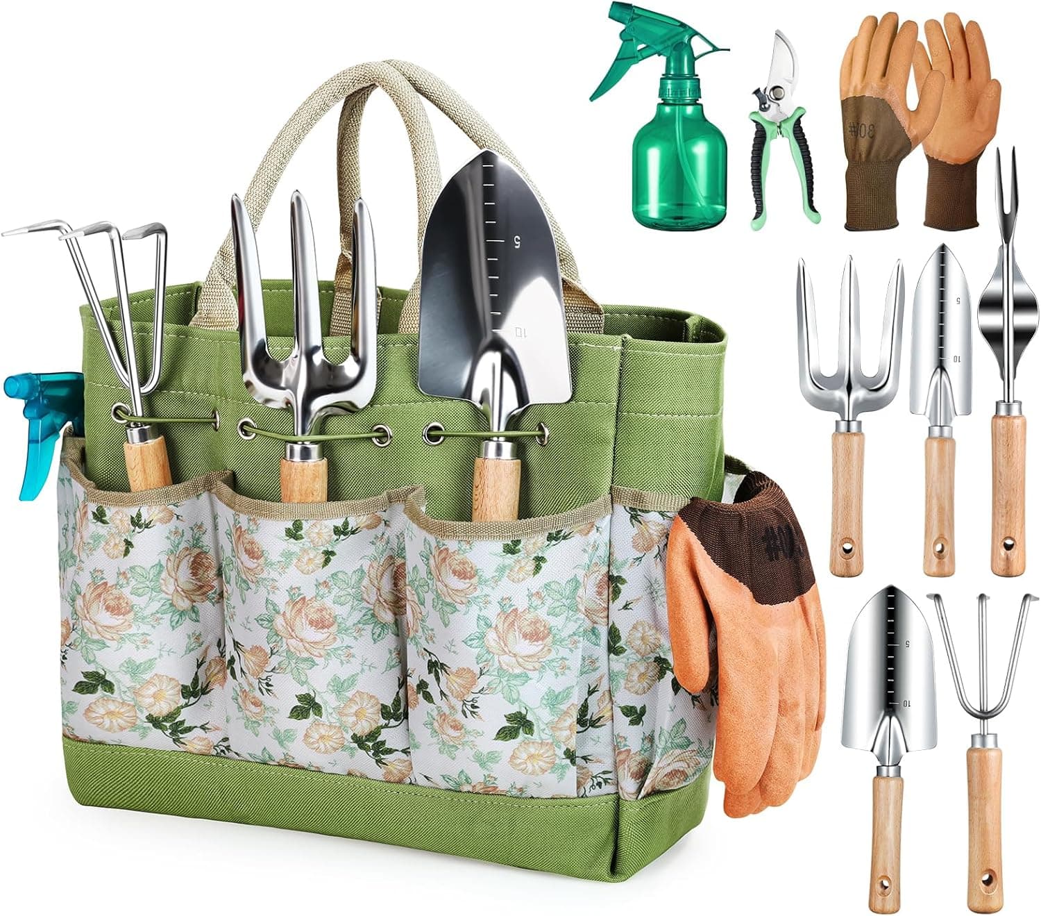 Grenebo Gartenwerkzeug Set,9 Stück Garten Werkzeug mit Gartengeräte Organizer Handtasche, Rostfreies und ergonomisches Gartengeräte Set, Ideale Gartengeschenke für Frauen für Gartenliebhaber geeignet.