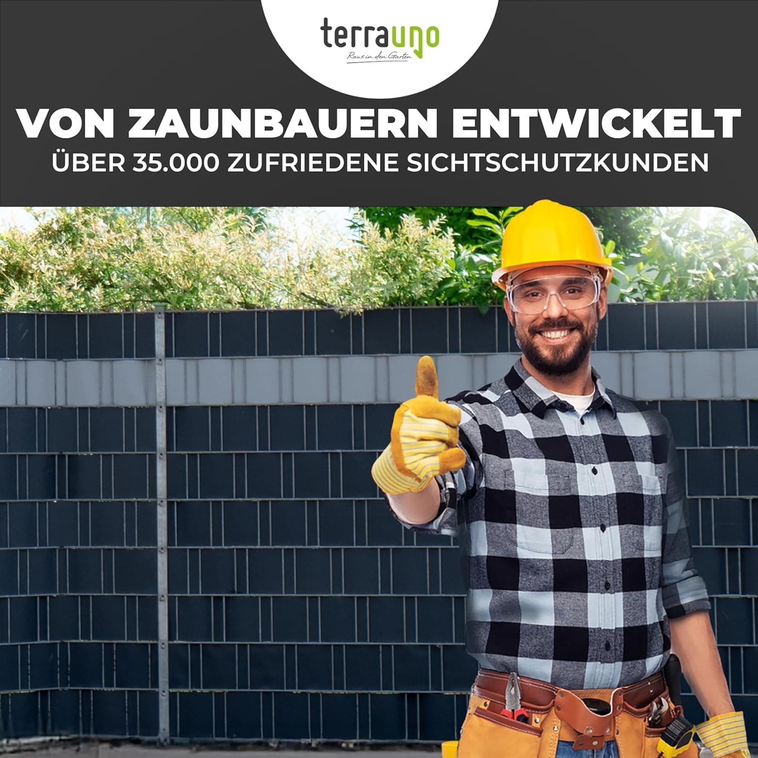 TerraUno Nachhaltige Sichtschutzstreifen für Doppelstabmatten, Polypropylen, Made in Germany, RAL 7016 Anthrazit, 26m x19cm Rolle, extra stabil, Lederoptik, Zaun Sichtschutz mit UV-Beständigkeit