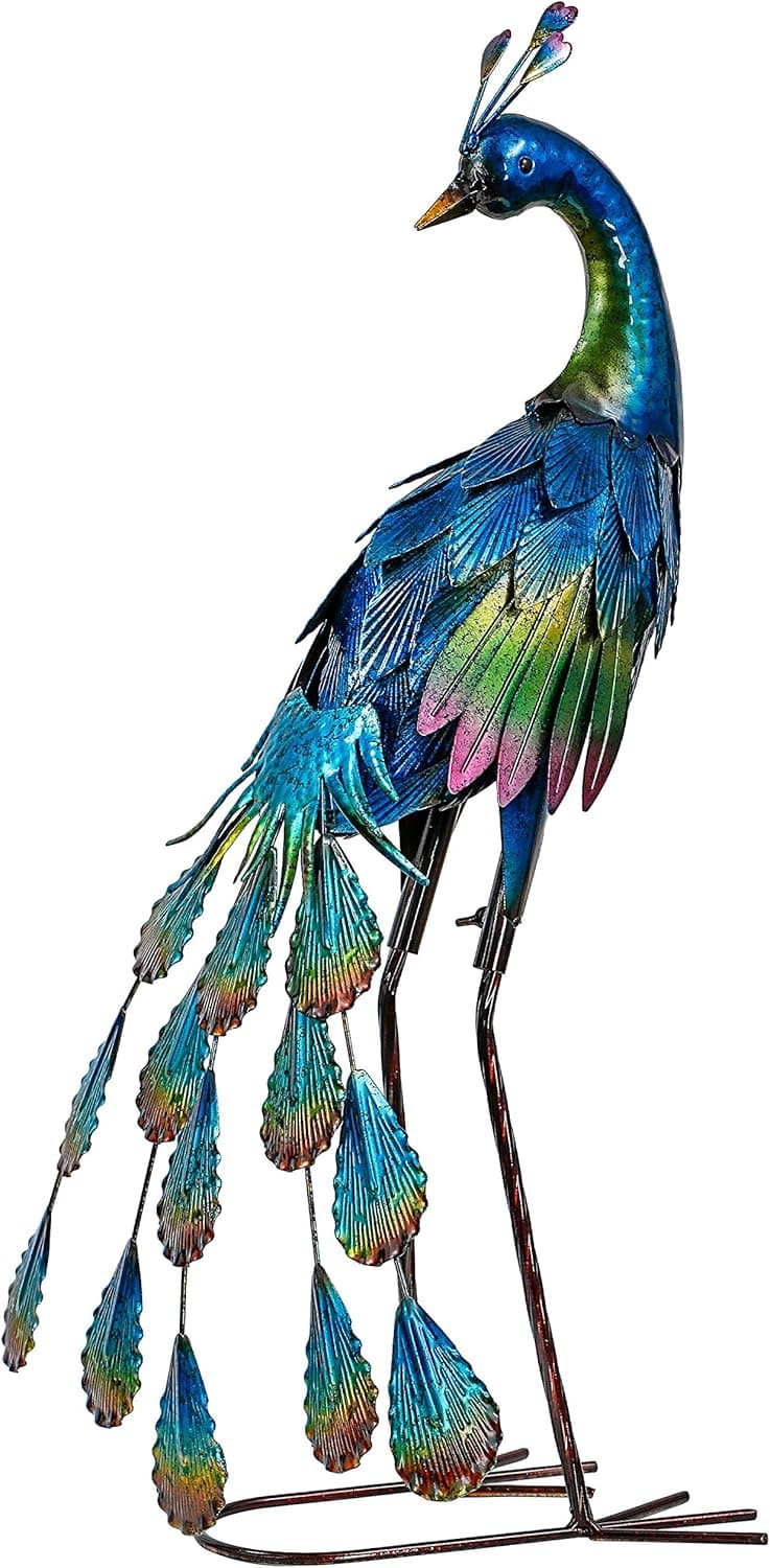 TERESA'S COLLECTIONS Gartendeko für draußen, Gartenfigur für Außen, 45.7cm Metall Pfau Wetterfest Figur, Stehende Pfau Metallfigur für Terrasse Balkon Rasen, Muttertagsgeschenk Vatertagsgeschenk(M)
