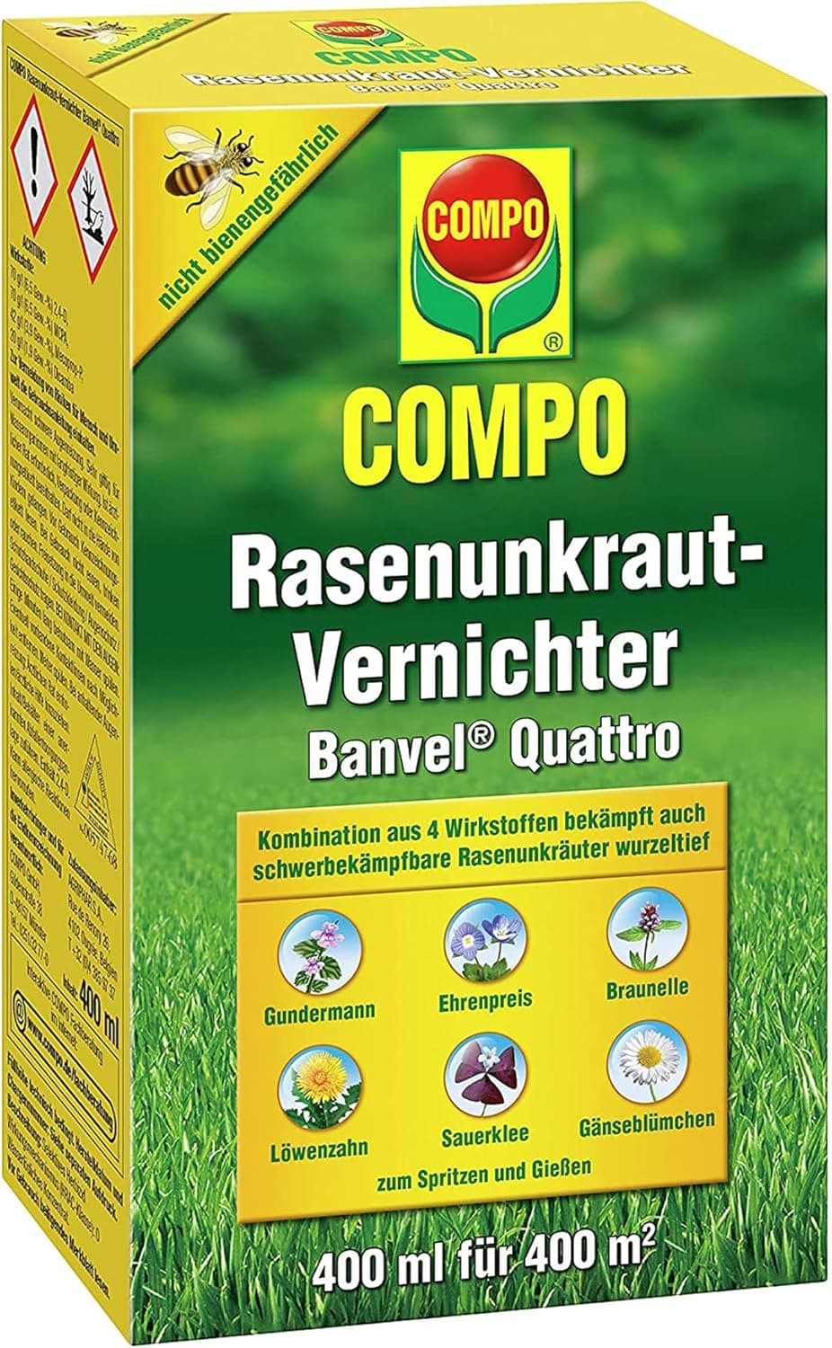 COMPO Rasenunkraut-Vernichter Banvel Quattro, Bekämpfung von schwerbekämpfbaren Unkräutern im Rasen, Konzentrat, 400 ml (400 m²)