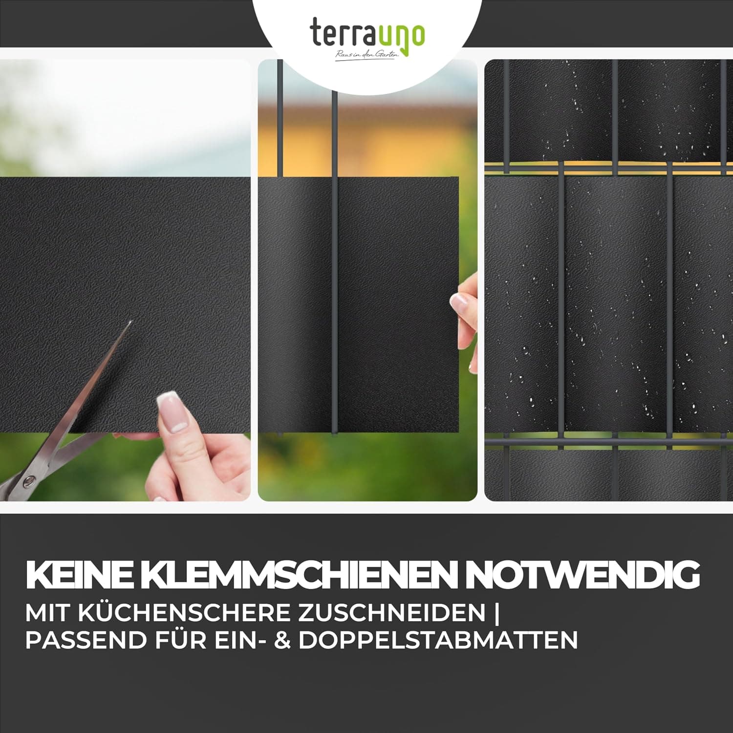 TerraUno Nachhaltige Sichtschutzstreifen für Doppelstabmatten, Polypropylen, Made in Germany, RAL 7016 Anthrazit, 26m x19cm Rolle, extra stabil, Lederoptik, Zaun Sichtschutz mit UV-Beständigkeit