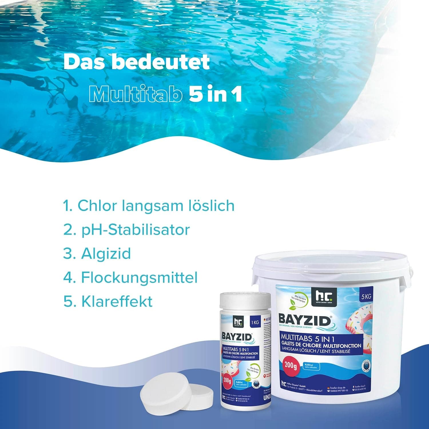 BAYZID Chlor Multitabs 5 in 1-200g Chlortabletten für Pool - 5kg - 5-Phasen Pflege &amp; Reinigung - Made in Europe - Für kristallklares Poolwasser