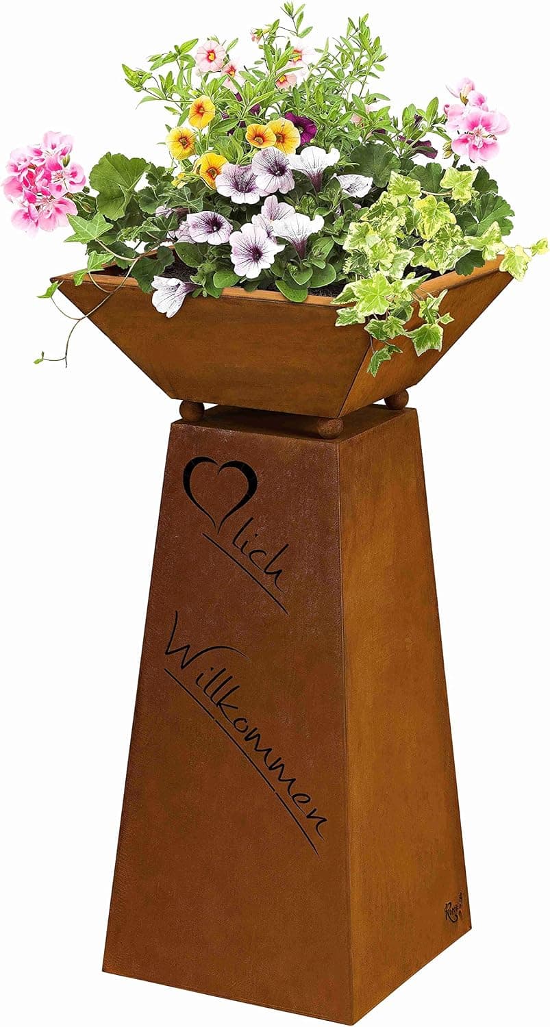 Rostikal Edelrost Säule Familie 72 cm - Pflanzsäule mit Schale und Spruch - Gartendeko Rost, Blumensäule Outdoor Vintage, Rostsäule für Garten, Balkon und Terrasse