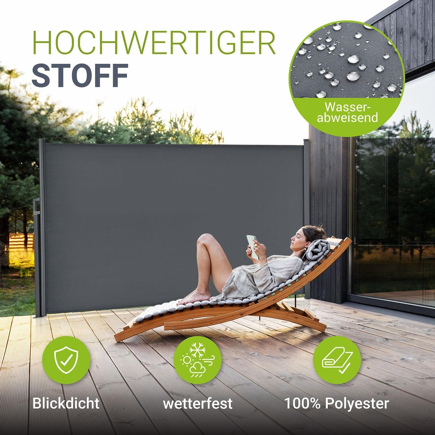 Juskys® Seitenmarkise Dubai 180 x 300 cm ausziehbar Blickdicht, Sichtschutz für Balkon &amp; Terrasse, Seitenrollo mit Wandhalterung - grau