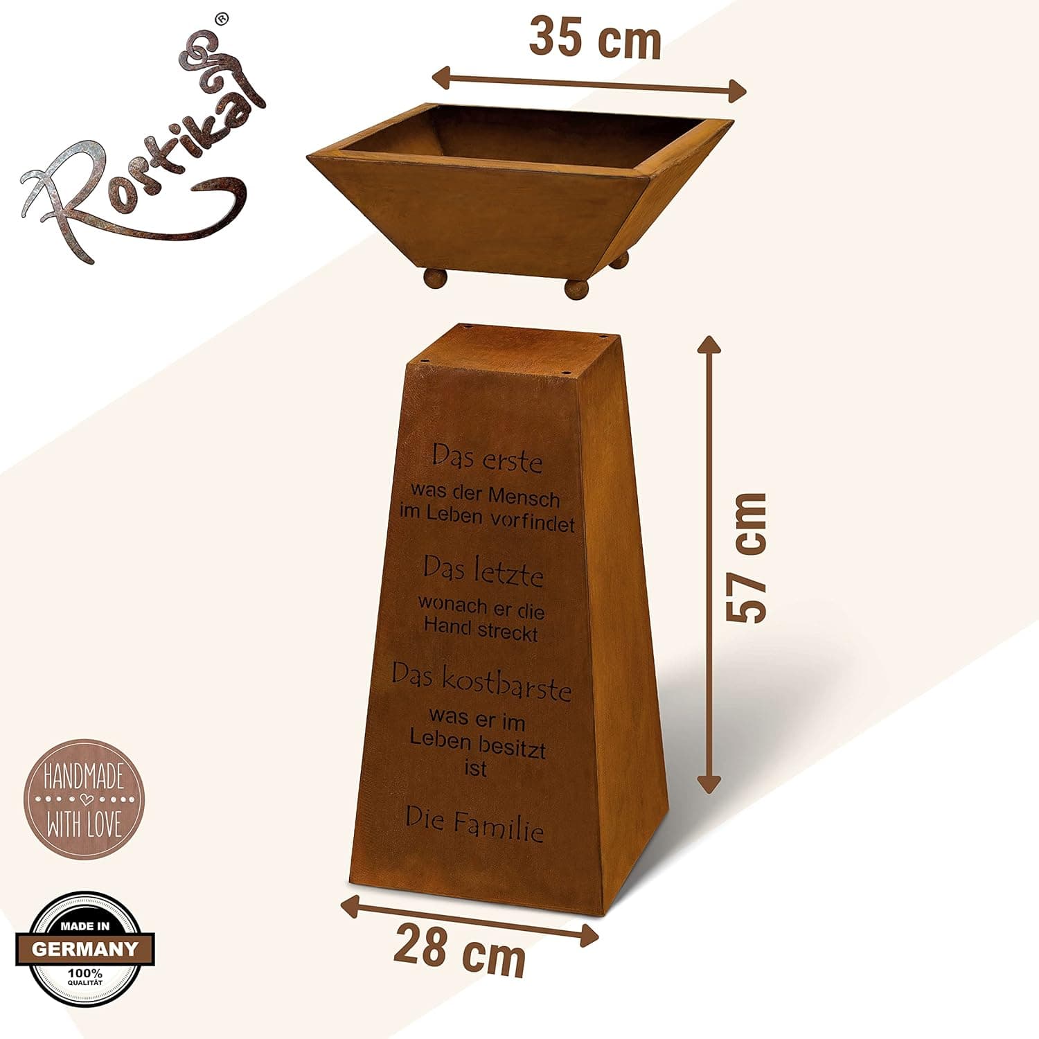 Rostikal Edelrost Säule Familie 72 cm - Pflanzsäule mit Schale und Spruch - Gartendeko Rost, Blumensäule Outdoor Vintage, Rostsäule für Garten, Balkon und Terrasse