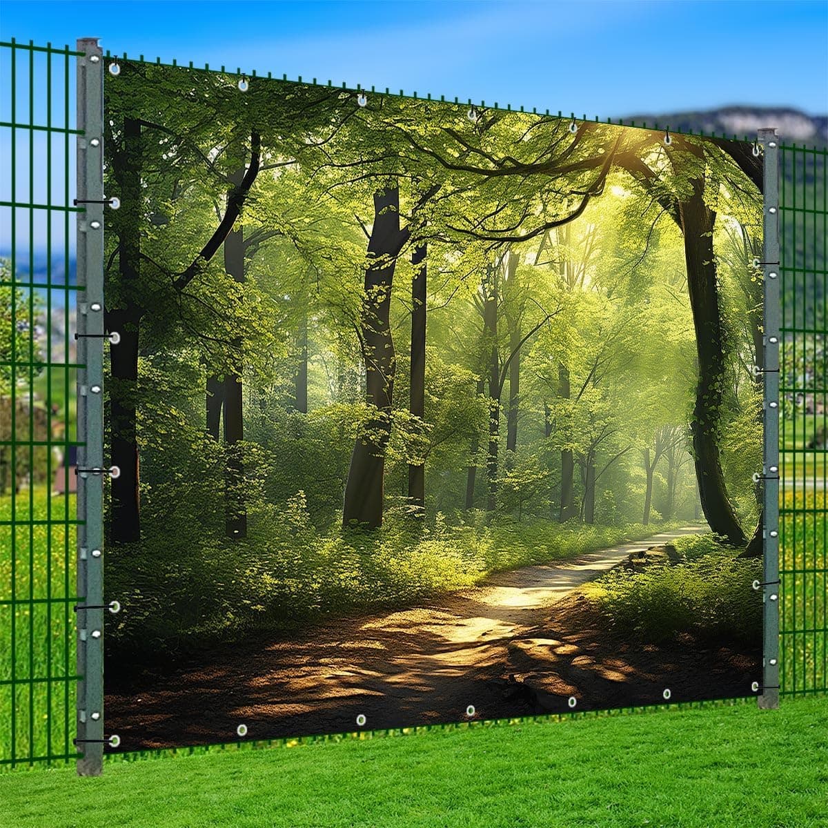 TRIOSK Sichtschutz Garten Deko Zaun Plane Blickdicht groß mit Zaunblende Motiv Waldpfad Wald Sonnenweg für Zaunelement Doppelstabmatten Stabmattenzaun Gartenzaun PVC 250x180 cm