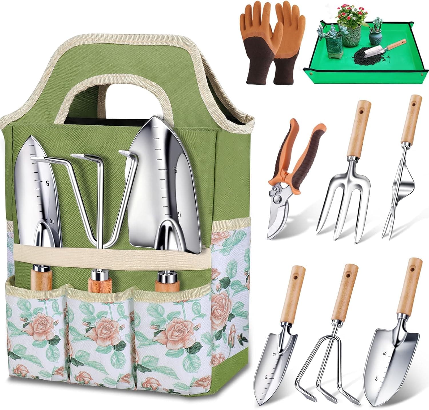 Kynup Gartenwerkzeug-Set, 7 Stück Garten Hand Werkzeuge, Rost-Sicht Gartenarbeit Set mit dauerhafter Aufbewahrungstasche, Ergonomischer Anti-Rutsch-Griff, ideale Gartengeschenke für Frauen und Männer
