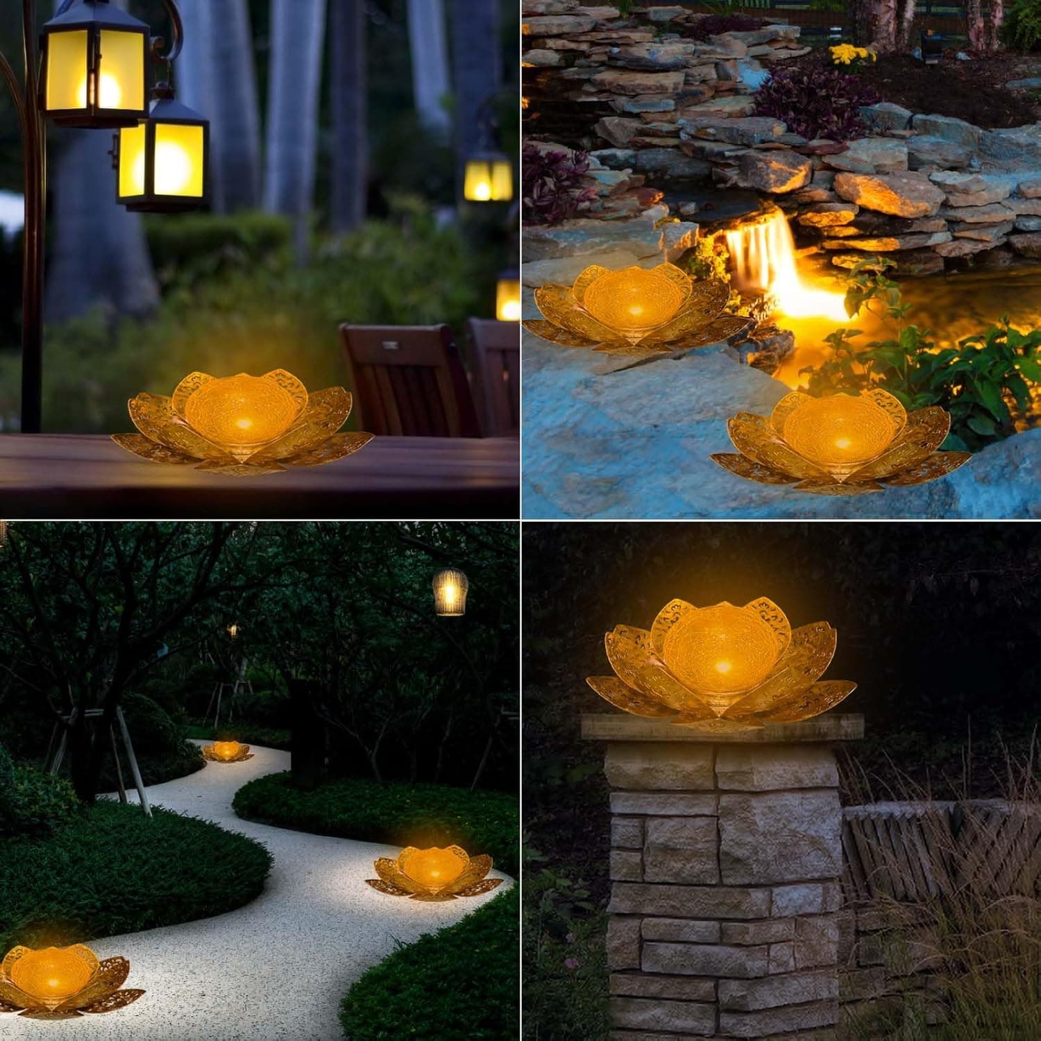 Solarlampen für Außen Solar Lotus Gartendeko Solar Bodenleuchte für Garten Warmes Licht Gartenleuchten für Außen Terassendeko LED Solarleuchten Wasserdicht Metall Solarlaterne