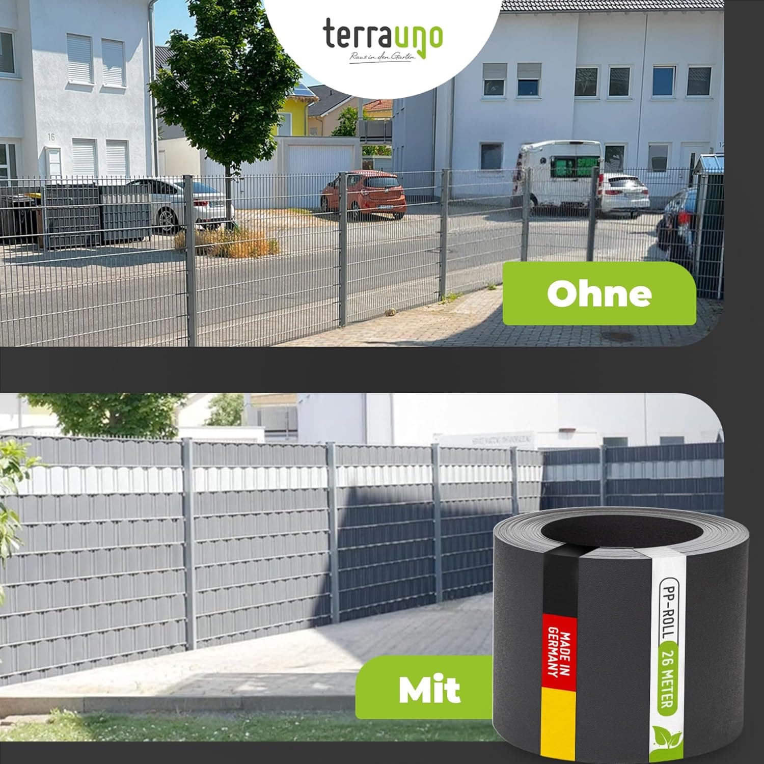 TerraUno Nachhaltige Sichtschutzstreifen für Doppelstabmatten, Polypropylen, Made in Germany, RAL 7016 Anthrazit, 26m x19cm Rolle, extra stabil, Lederoptik, Zaun Sichtschutz mit UV-Beständigkeit