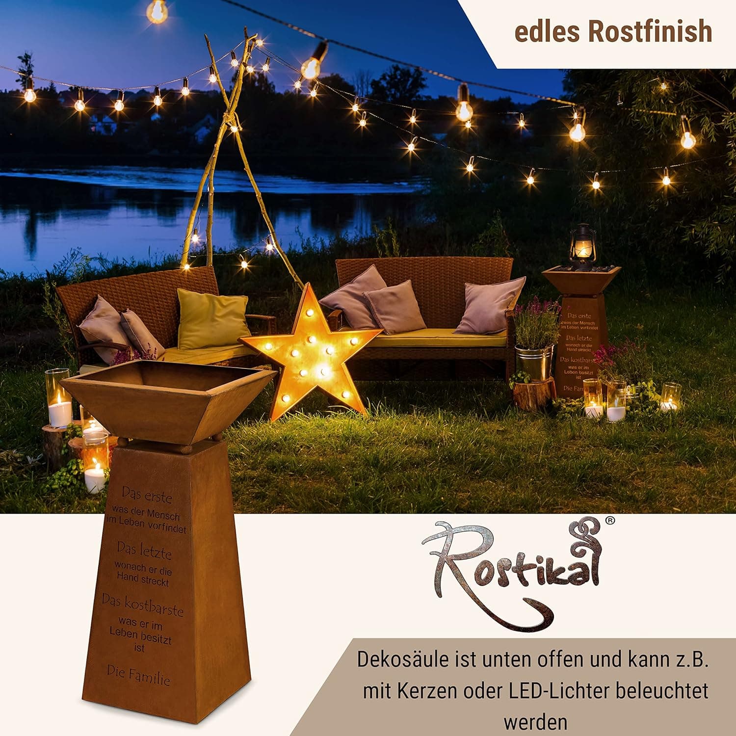 Rostikal Edelrost Säule Familie 72 cm - Pflanzsäule mit Schale und Spruch - Gartendeko Rost, Blumensäule Outdoor Vintage, Rostsäule für Garten, Balkon und Terrasse