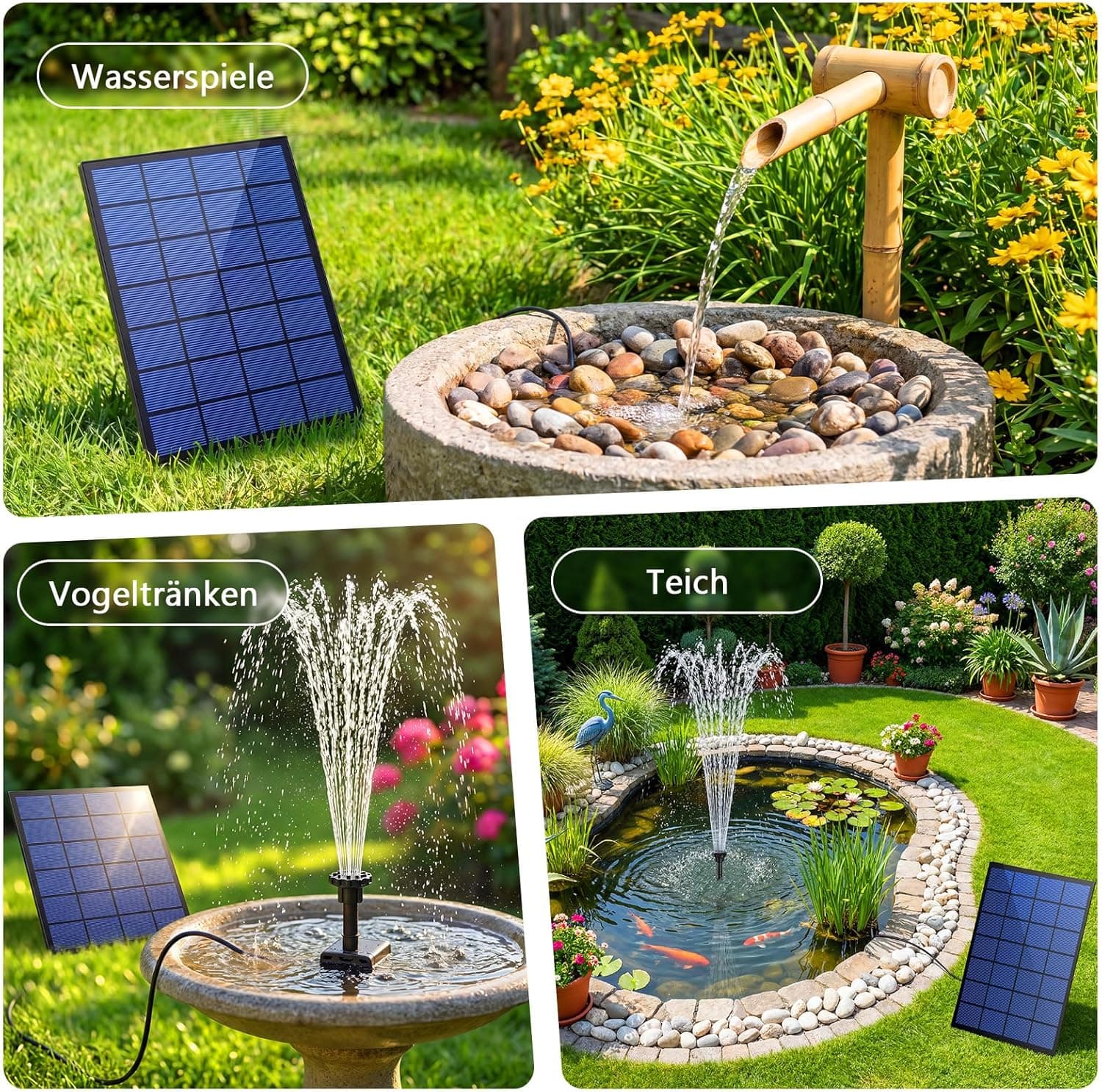 AISITIN Solar Springbrunnen für Außen, 2,5W DIY Solar Teichpumpe mit 1,2M Wasserleitung Solarbrunnen mit 6 Fontänenstile Solar schwimmender Fontäne Pumpe für Gartenteich, Vogel-Bad, Fisch-Behälter